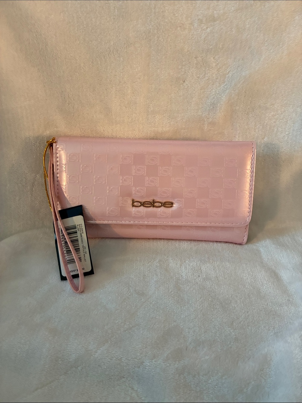 bebe Light Pink Patent Wristlet Clutch with Gold Logo